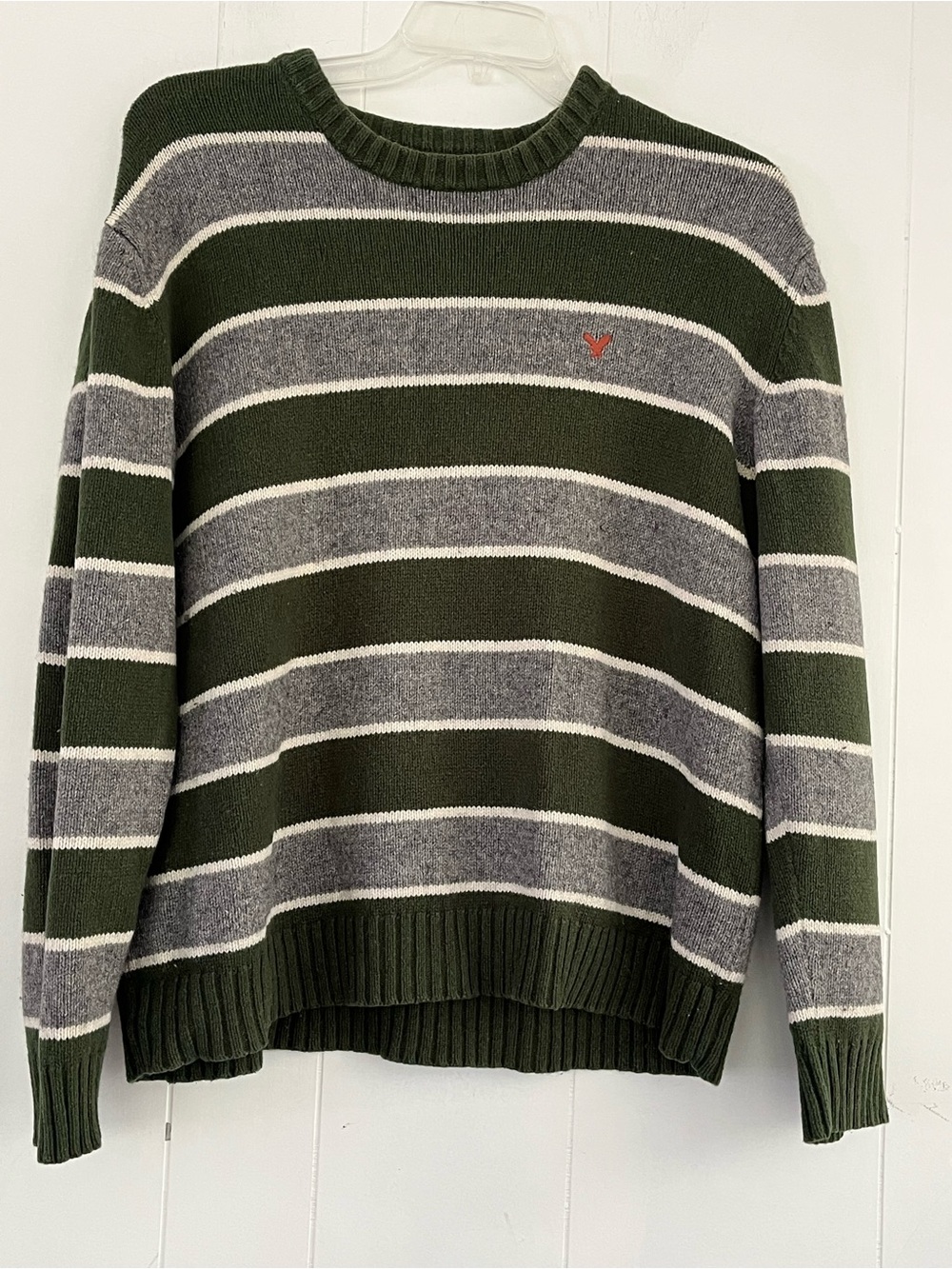 Y2K American Eagle Mens XL Green Gray Stripe Wool Blend Crewneck Sweater Vintage - Picture 7 of 12